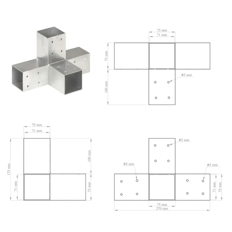 Stulpo sujungimas, 71x71mm, galvanizuotas metalas, X formos