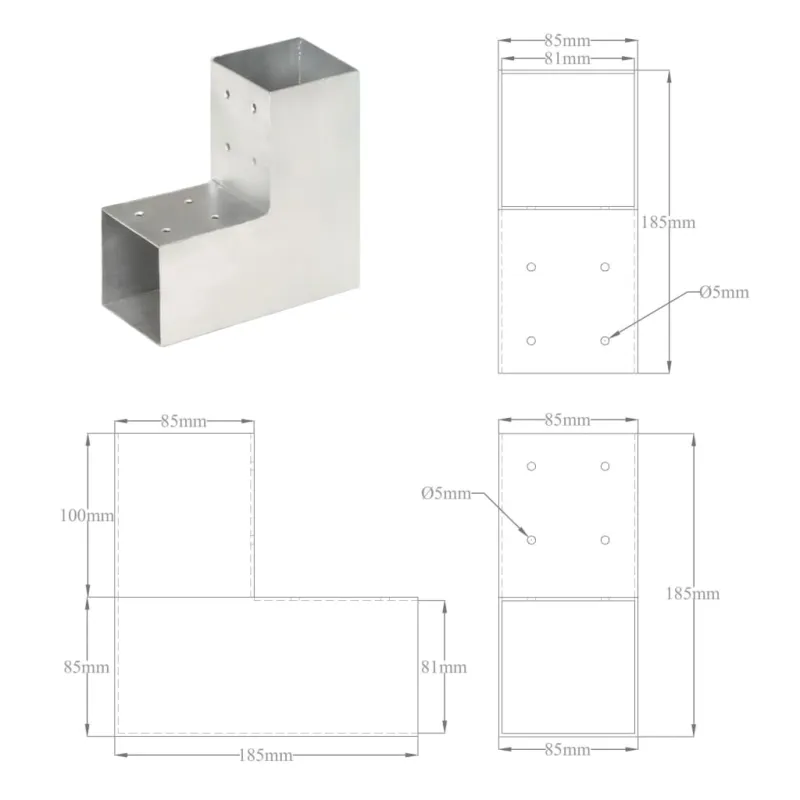 Stulpo sujungimas, 81x81mm, galvanizuotas metalas, L formos