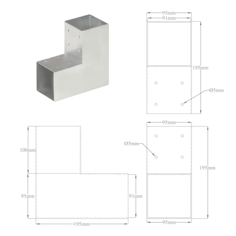 Stulpo sujungimas, 91x91mm, galvanizuotas metalas, L formos