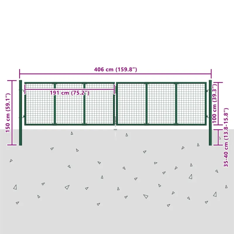 Tinkliniai sodo vartai, plienas, 400x100 cm, žali