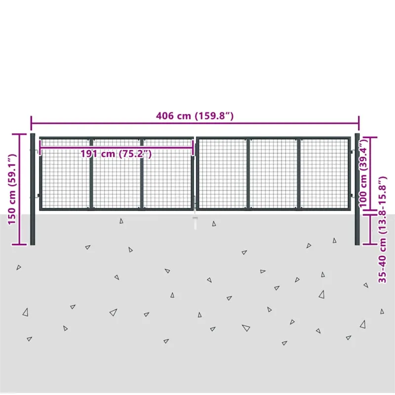 Tinkliniai sodo vartai, cinkuotas plienas, 400x100 cm, pilki