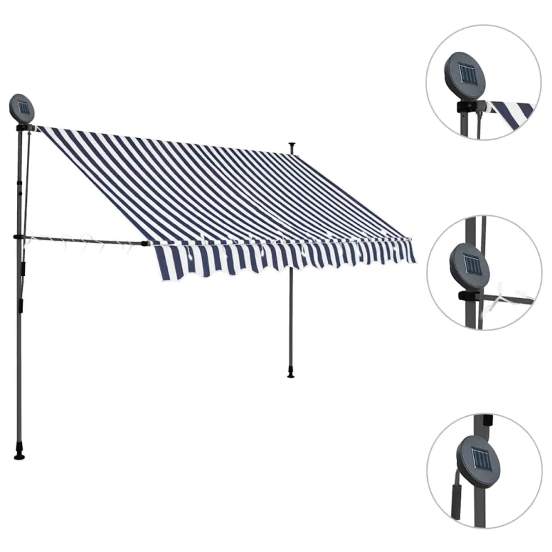 Rankinė ištraukiama markizė su LED, mėlyna ir balta, 250cm