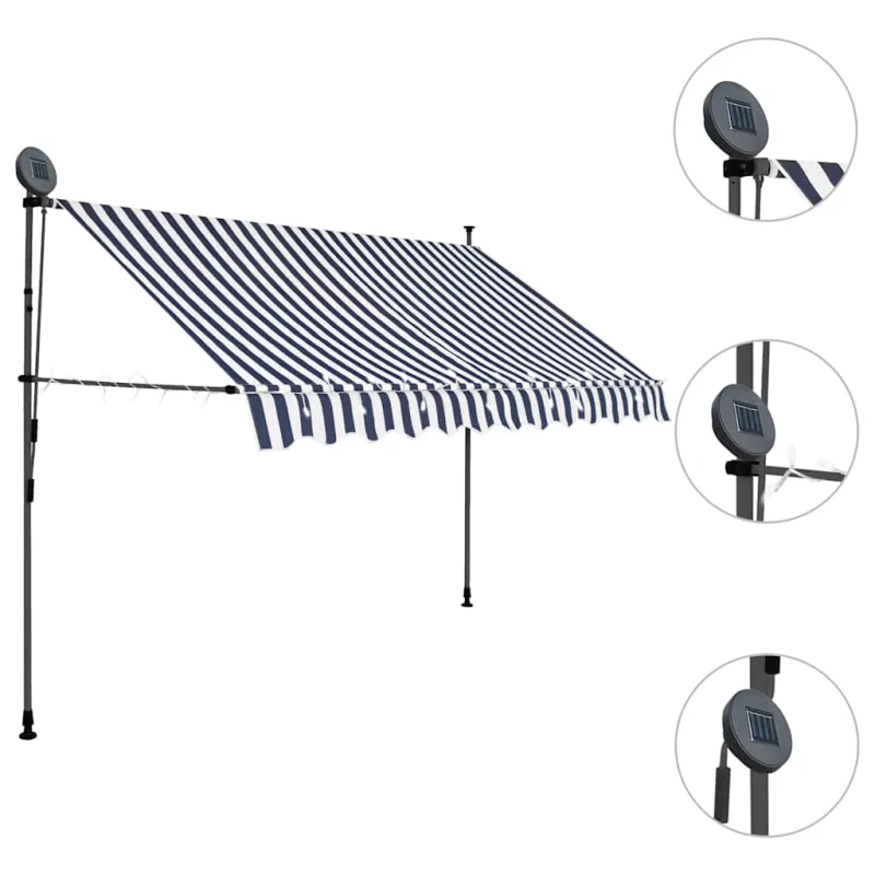 Rankinė ištraukiama markizė su LED, mėlyna ir balta, 300cm