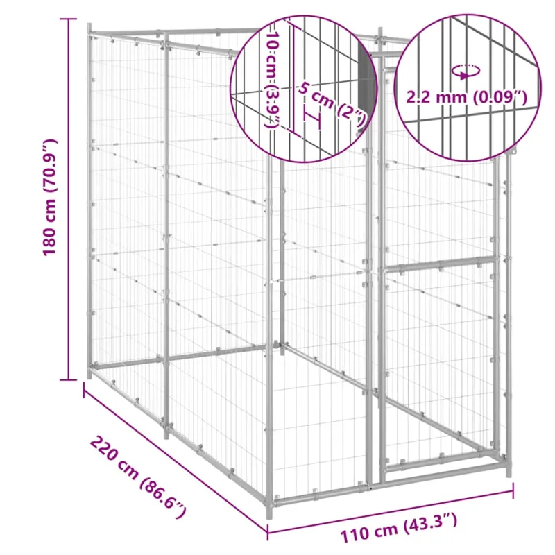 Lauko voljeras šunims, 110x220x180cm, galvanizuotas plienas