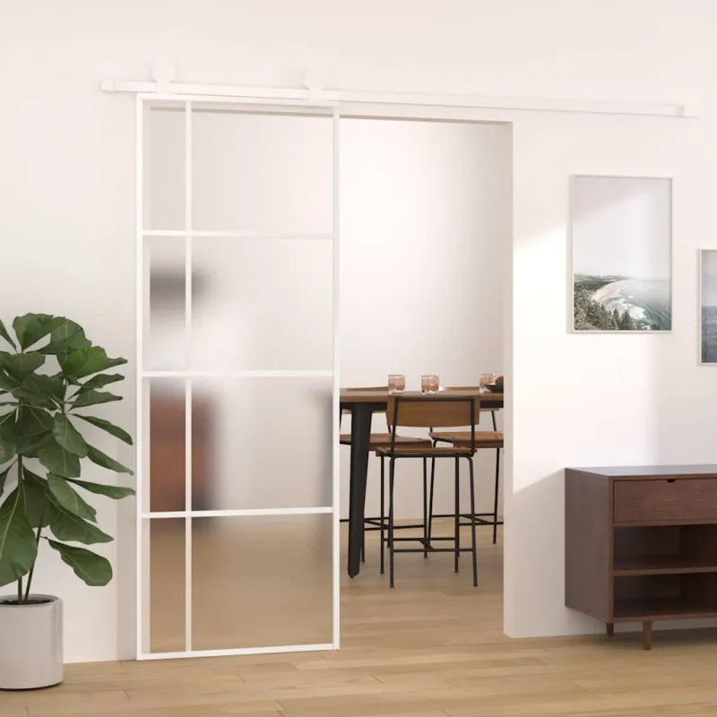 Stumdomos durys, baltos, 76x205cm, ESG stiklas ir aliuminis