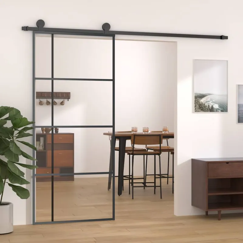 Stumdomos durys, juodos, 90x205cm, ESG stiklas ir aliuminis