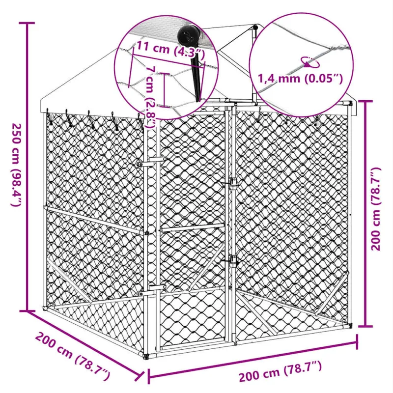Lauko voljeras šunims su stogu, sidabrinis, 2x2x2,5m, plienas