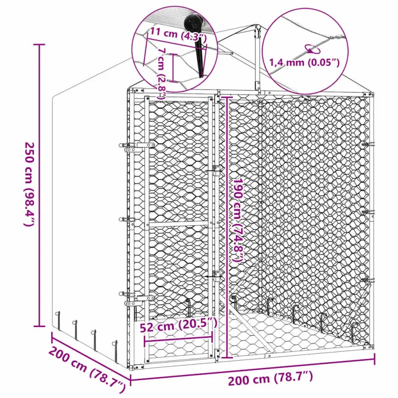 Lauko voljeras šunims su stogu, sidabrinis, 2x2x2,5m, plienas