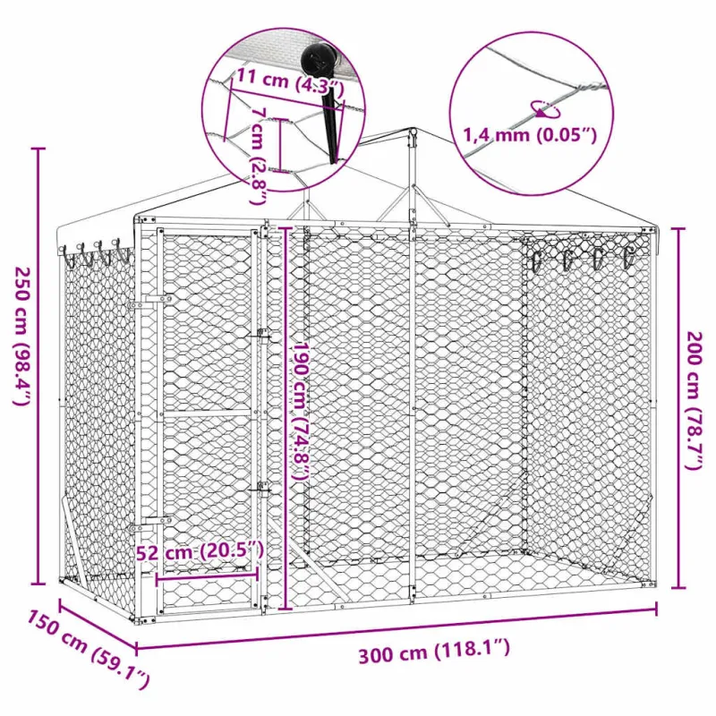 Lauko voljeras šunims su stogu, sidabrinis, 3x1,5x2,5m, plienas