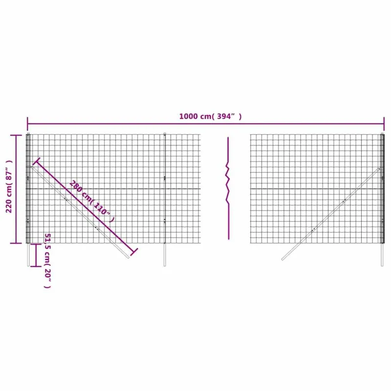Vielinė tinklinė tvora, antracito, 2,2x10m, plienas