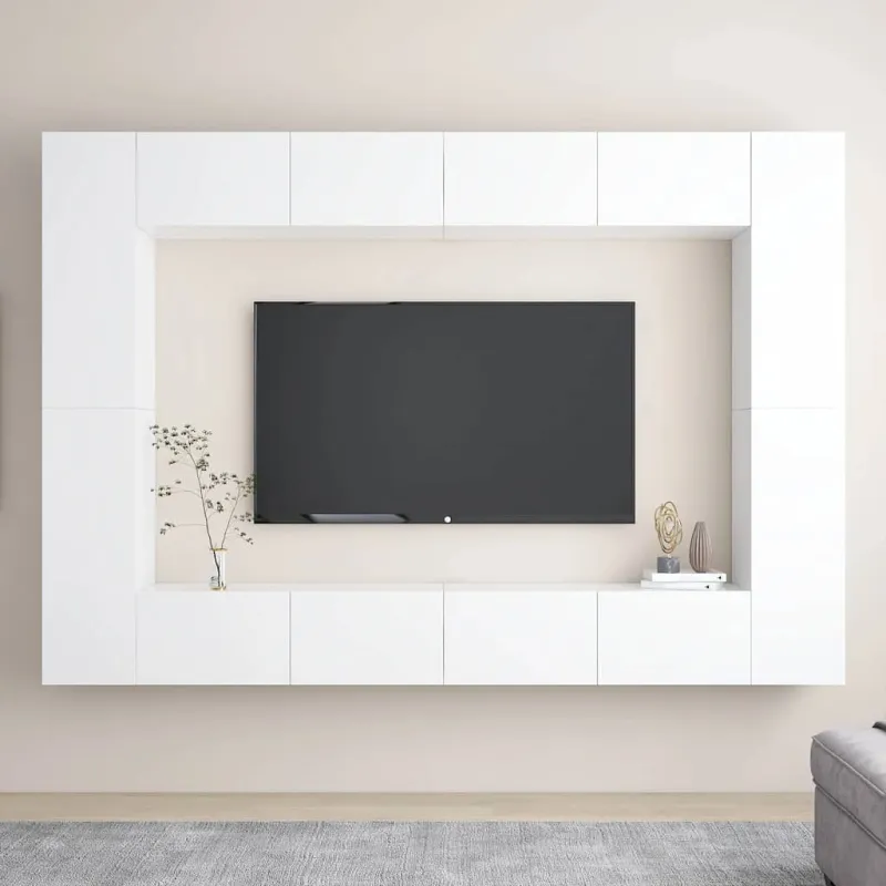 Televizoriaus spintelių komplektas, 8 dalių, baltas, mediena