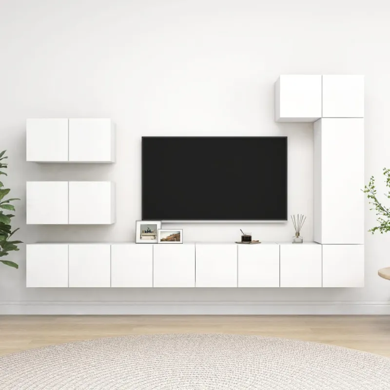 Televizoriaus spintelių komplektas, 8 dalių, baltas, mediena