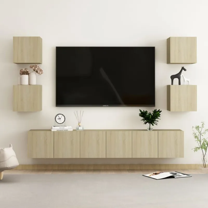 Televizoriaus spintelių komplektas, 7 dalių, ąžuolo, mediena