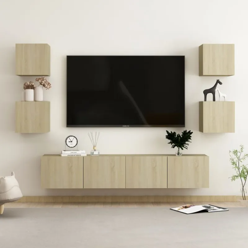 Televizoriaus spintelių komplektas, 6 dalių, ąžuolo, mediena