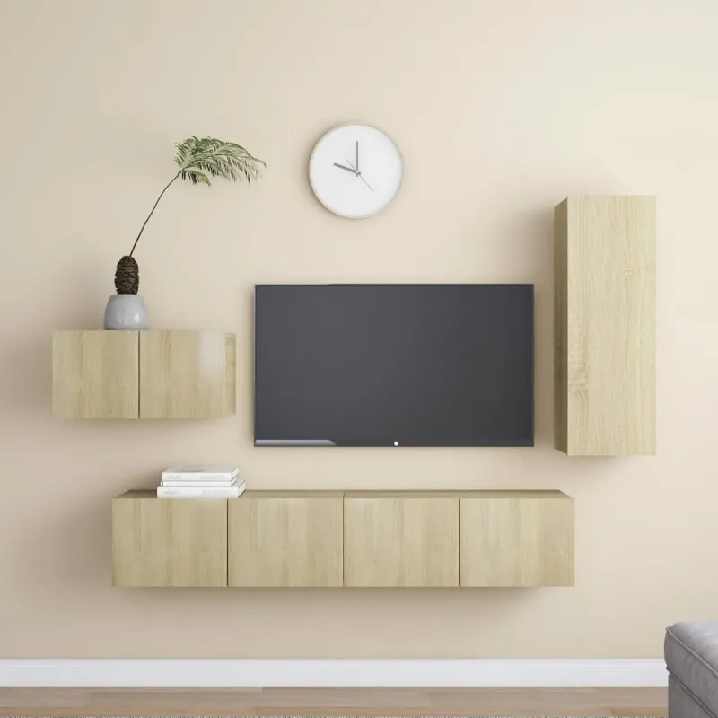 Televizoriaus spintelių komplektas, 4 dalių, ąžuolo, mediena