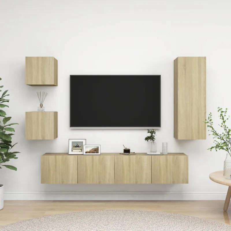 Televizoriaus spintelių komplektas, 5 dalių, ąžuolo, mediena