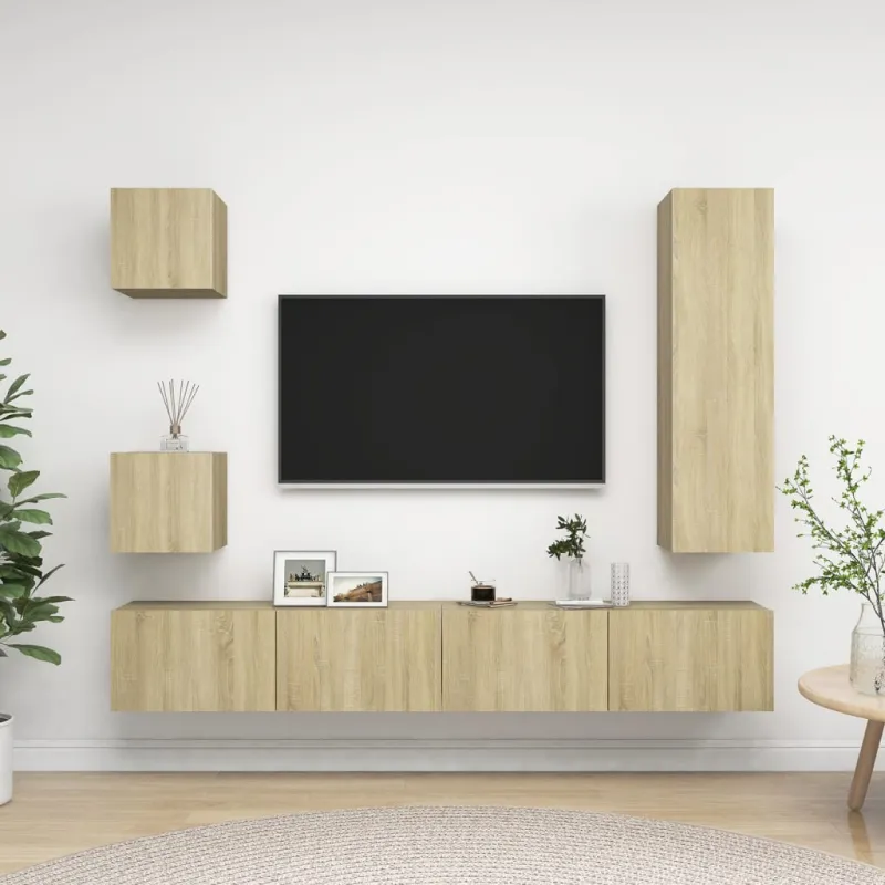 Televizoriaus spintelių komplektas, 5 dalių, ąžuolo, mediena