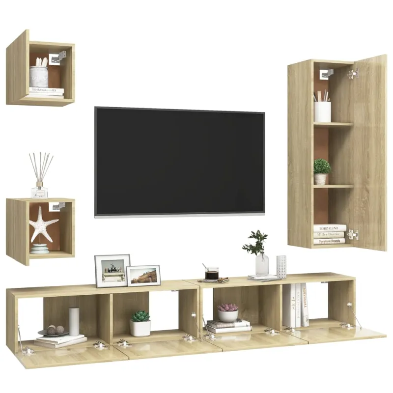 Televizoriaus spintelių komplektas, 5 dalių, ąžuolo, mediena