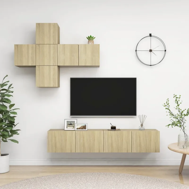 Televizoriaus spintelių komplektas, 7 dalių, ąžuolo, mediena