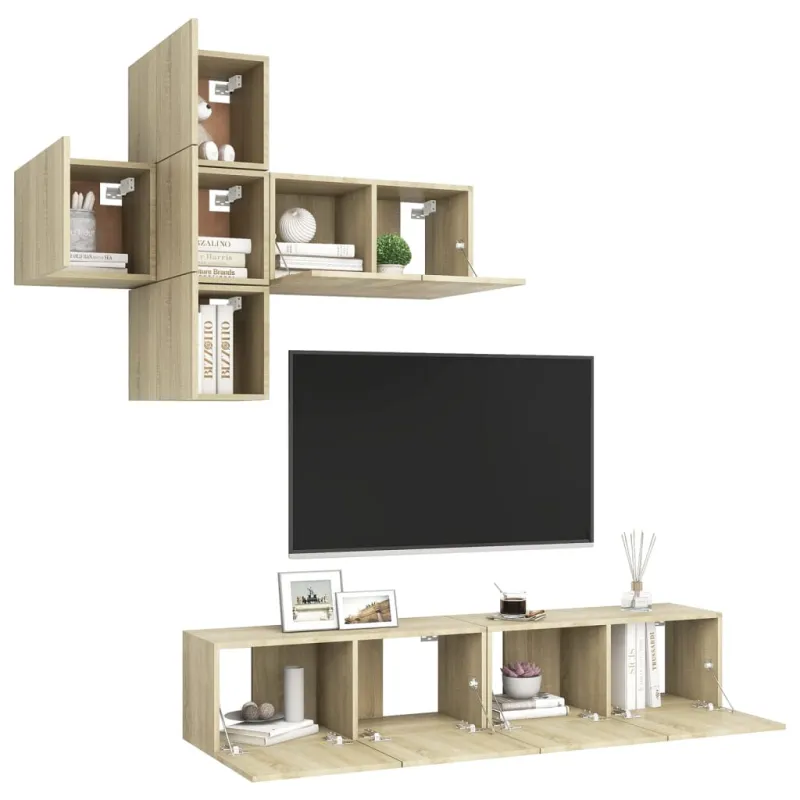 Televizoriaus spintelių komplektas, 7 dalių, ąžuolo, mediena