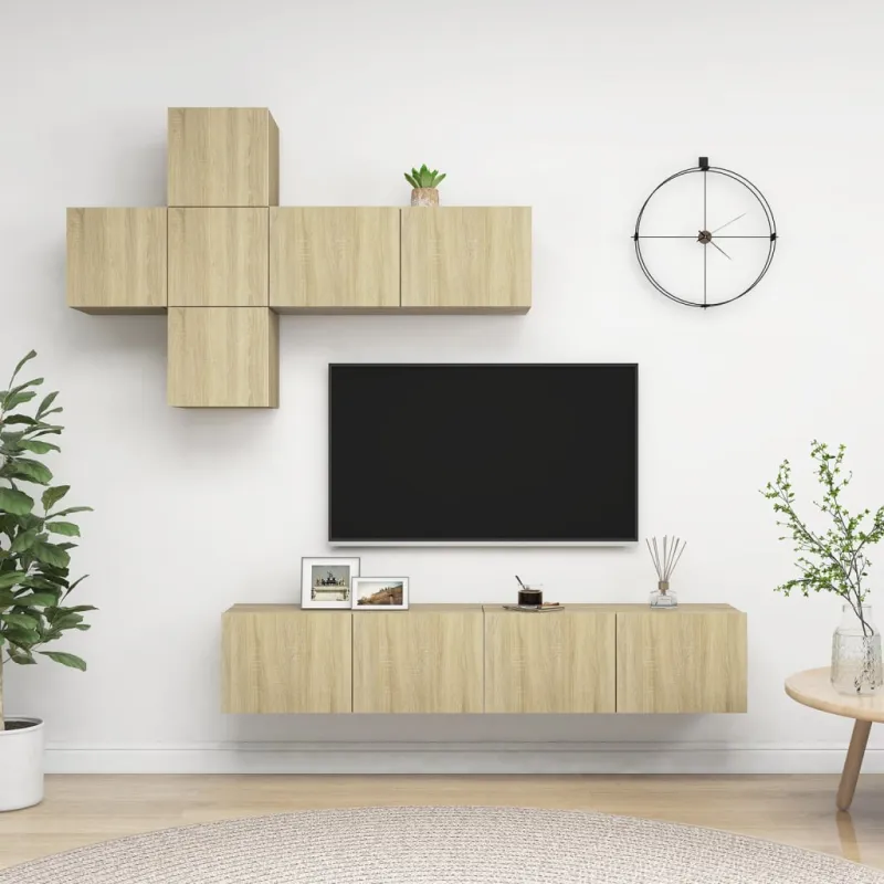 Televizoriaus spintelių komplektas, 7 dalių, ąžuolo, mediena