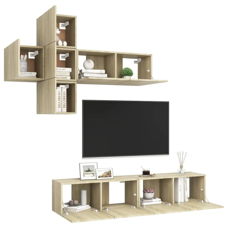 Televizoriaus spintelių komplektas, 7 dalių, ąžuolo, mediena
