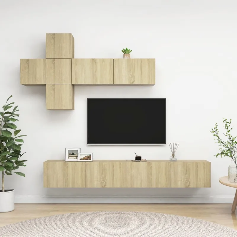 Televizoriaus spintelių komplektas, 7 dalių, ąžuolo, mediena