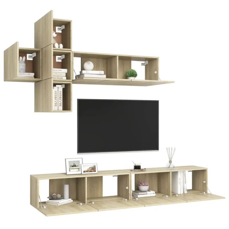 Televizoriaus spintelių komplektas, 7 dalių, ąžuolo, mediena