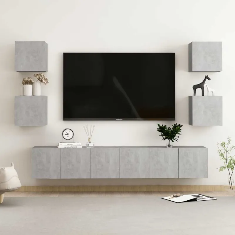 Televizoriaus spintelių komplektas, 7 dalių, betono, mediena