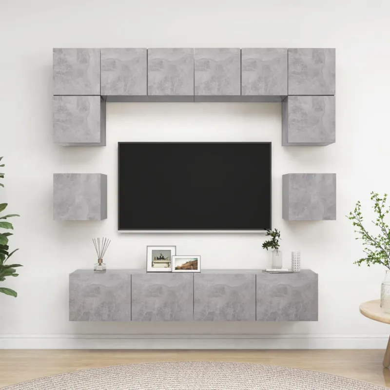 Televizoriaus spintelių komplektas, 8 dalių, betono, mediena