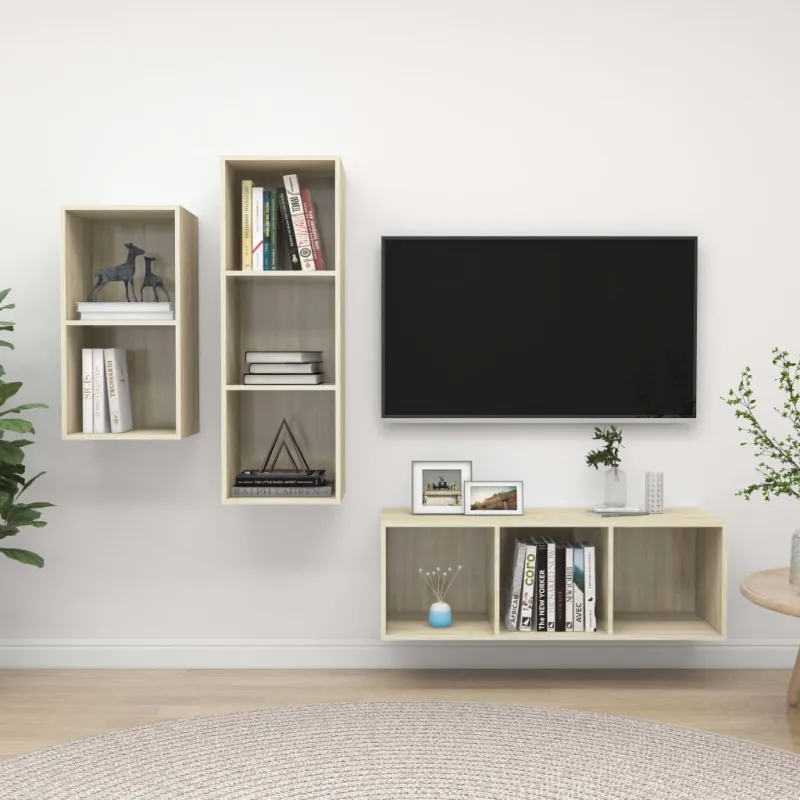 Televizoriaus spintelių komplektas, 3 dalių, ąžuolo, mediena