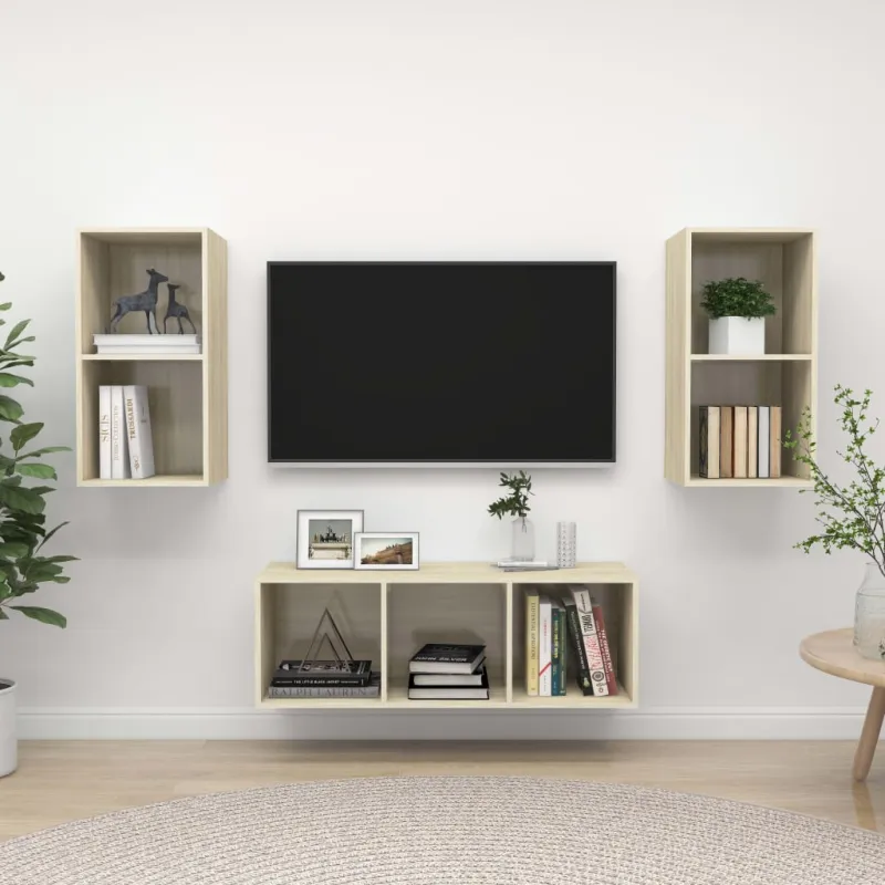 Televizoriaus spintelių komplektas, 3 dalių, ąžuolo, mediena