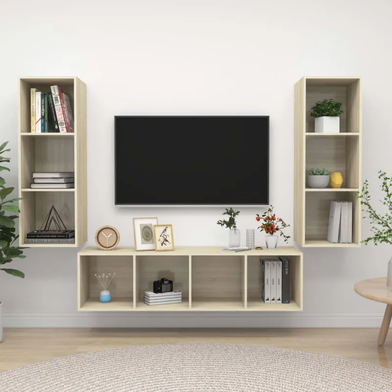 Televizoriaus spintelių komplektas, 3 dalių, ąžuolo, mediena