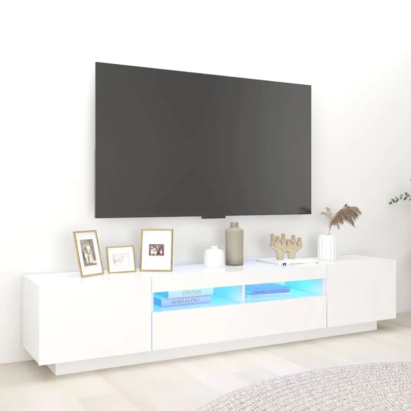 Televizoriaus spintelė su LED apšvietimu, balta, 200x35x40cm