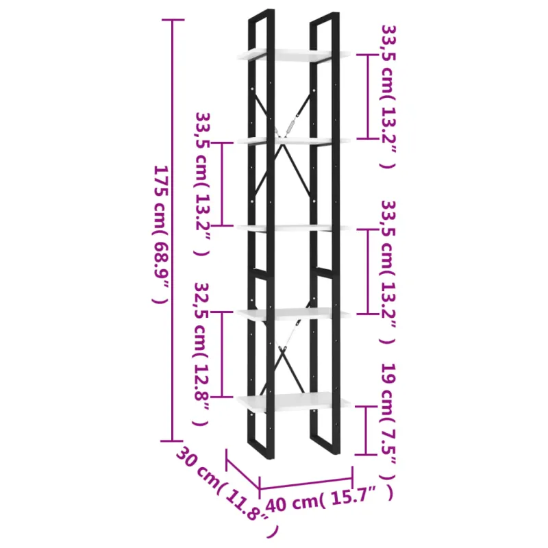 Spintelė knygoms, 5 lentynos, balta, 40x30x175cm, mediena