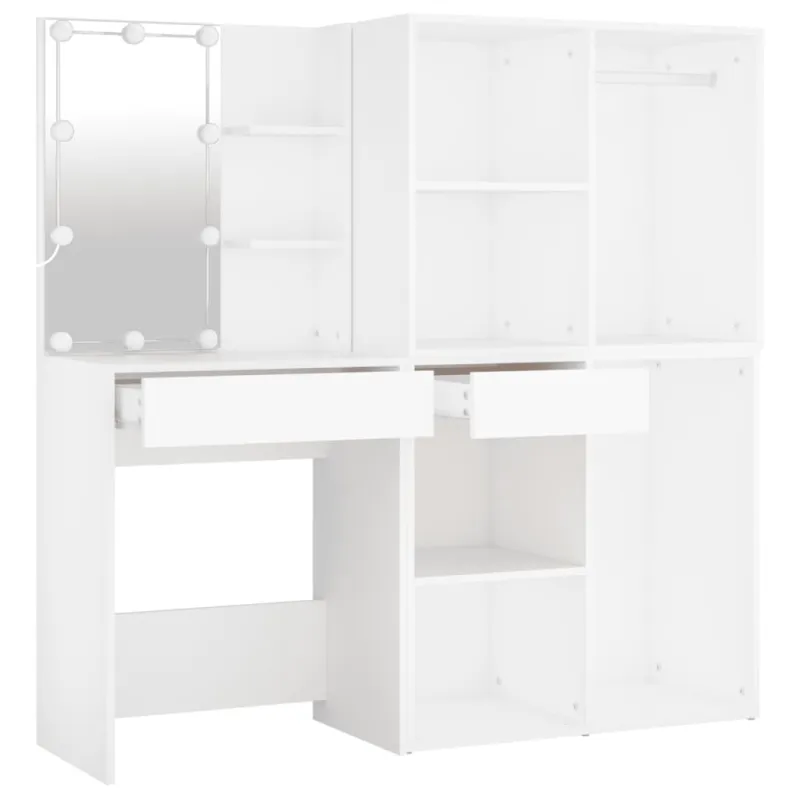 Kosmetinis staliukas su LED ir 2 spintelėmis, baltas, mediena