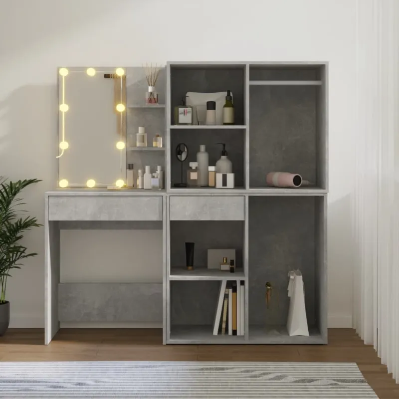 Kosmetinis staliukas su LED ir 2 spintelėmis, pilkas, mediena