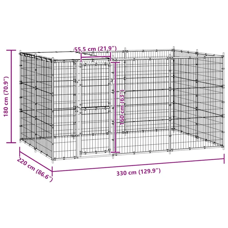 Lauko voljeras šunims su stogu, galvanizuotas plienas, 7,26m²