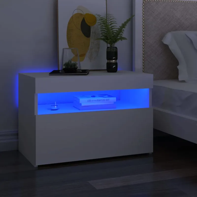 Naktinė spintelė su LED, baltos spalvos, 60x35x40cm, mediena