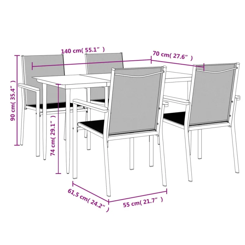 Sodo ruokailuryhmä, 5 osaa, musta, tekstiili/teräs