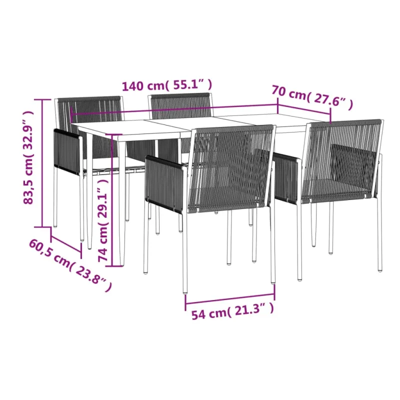 Sodo huonekaluvalikoima, 5 osaa, musta, polyratasta ja terästä