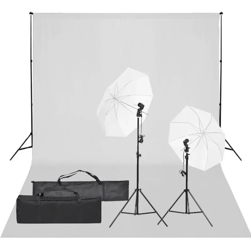 Fotostudijos rinkinys su apšvietimo rinkiniu ir fonu
