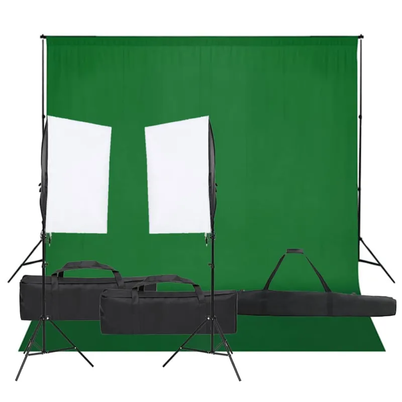 Fotostudijos rinkinys su apšvietimo rinkiniu ir fonu