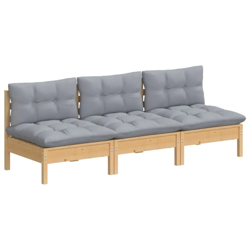 Trivietė sodo sofa su pilkomis pagalvėlėmis, pušies masyvas