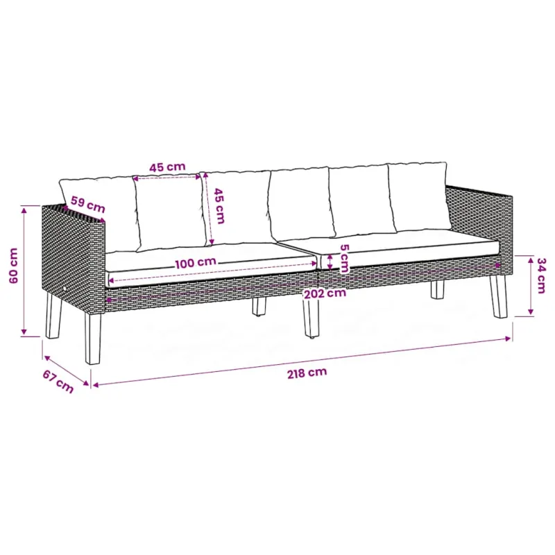 Trivietė sodo sofa su pagalvėlėmis, juodos spalvos, poliratanas