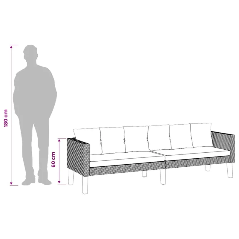 Trivietė sodo sofa su pagalvėlėmis, juodos spalvos, poliratanas