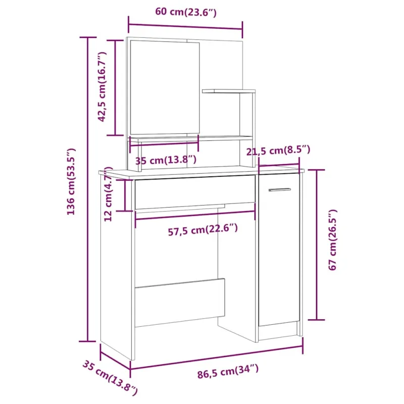Kosmetinio staliuko komplektas, baltas, 86,5x35x136cm, blizgus