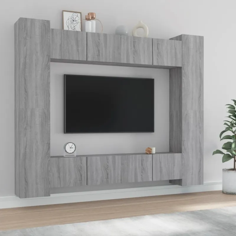 TV spintelių komplektas, 8 dalių, pilkas ąžuolo, mediena