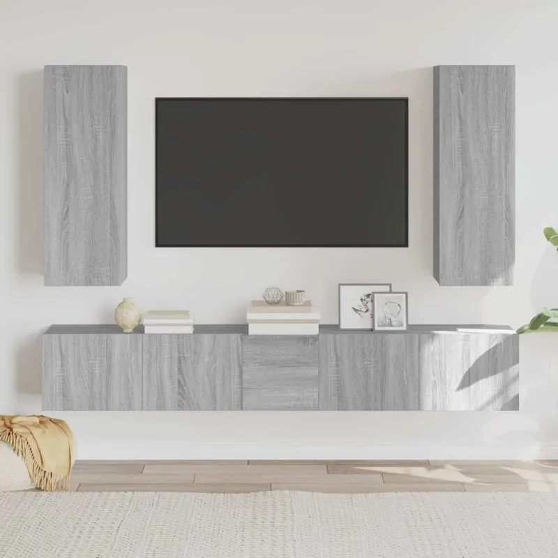 TV spintelių komplektas, 5 dalių, pilkas ąžuolo, mediena