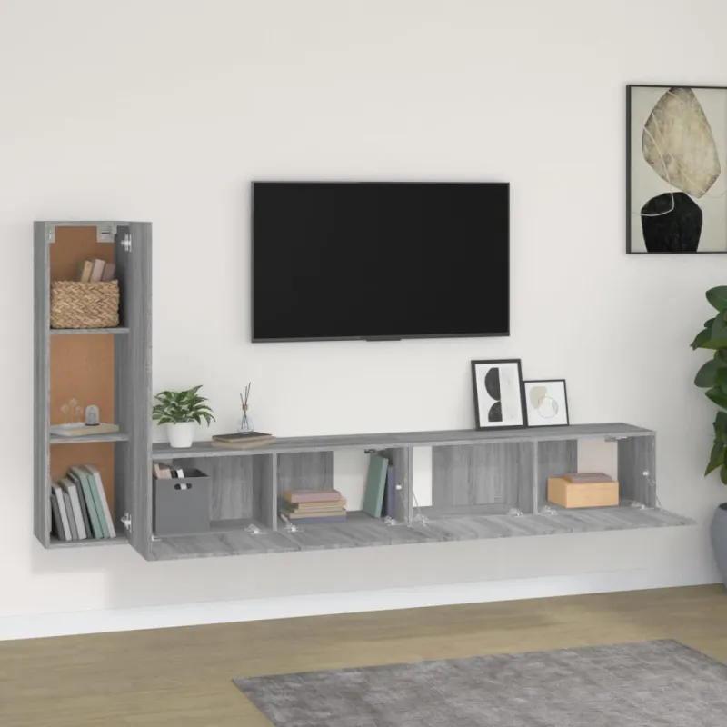 TV spintelių komplektas, 3 dalių, pilkas ąžuolo, mediena